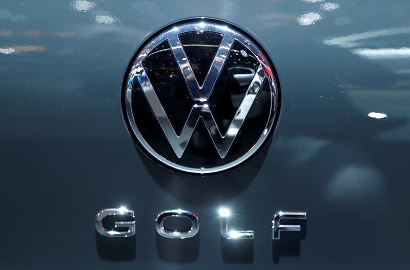 FILE PHOTO: The logo of German carmaker Volkswagen is seen on a new Golf car at Brussels Motor Show