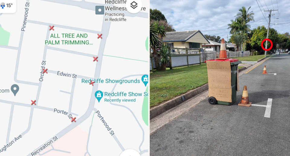 Left: Map showing parking restrictions around Redcliffe Showgrounds, Queensland. Right: resident's makeshift no parking sign attached to wheelie bin.  
