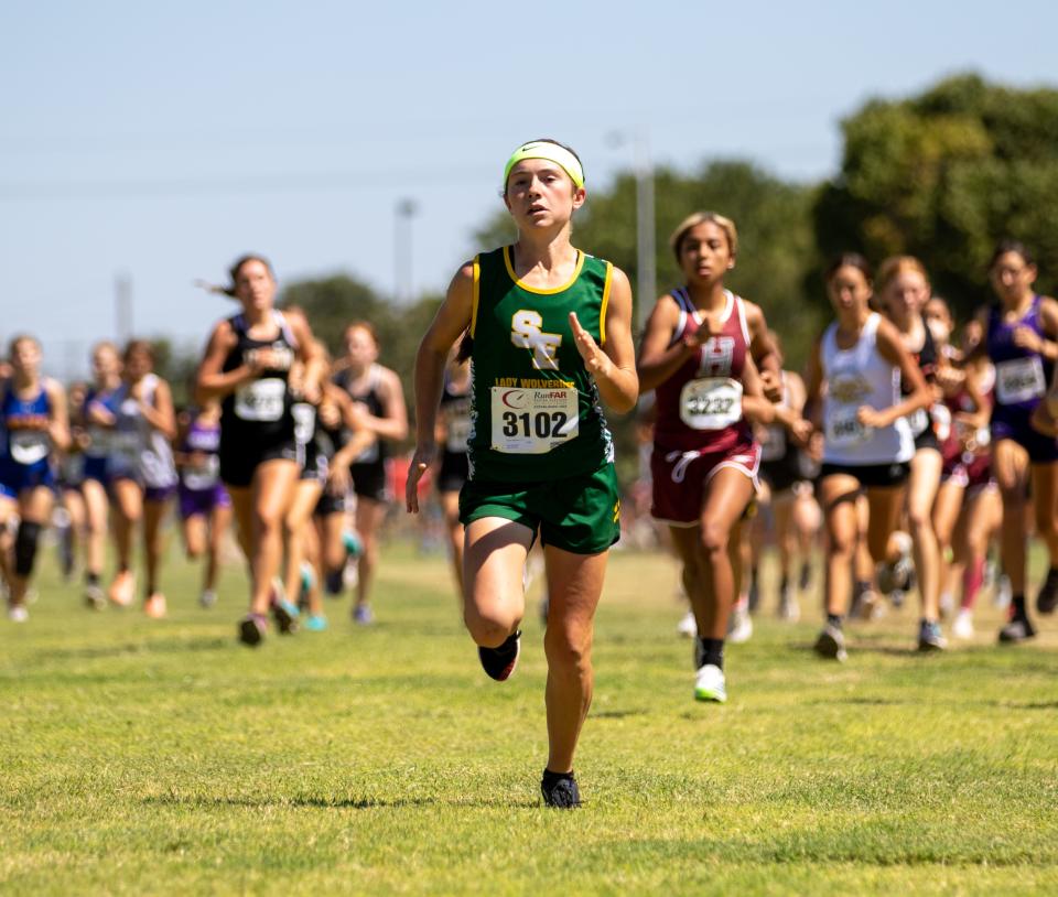 Springlake-Earth’s Taytum Goodman competes in the Lubbock Independent School District cross country Invitational, Saturday, Sept. 17, 2022, at Mae Simmons Park.