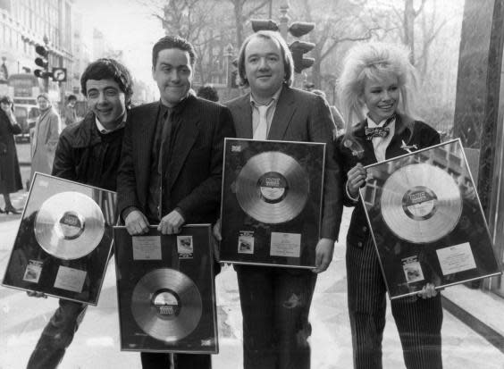 The quartet in Baker Street in 1983, marking the sales of 250,000 copies of their album ‘Hedgehog Sandwich’ (Getty)