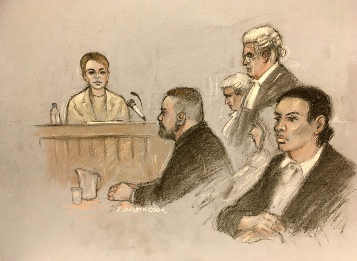 Court artist sketch by Elizabeth Cook of Coleen Rooney, watched by her husband Wayne, as she gives evidence at the Royal Courts Of Justice, London, during the high-profile libel battle between herself and Rebekah Vardy. Picture date: Friday May 13, 2022 (PA) (PA Wire)