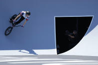 Charlotte Worthington of Britain competes in the women's BMX freestyle final at the 2020 Summer Olympics, Sunday, Aug. 1, 2021, in Tokyo, Japan. (AP Photo/Ben Curtis)