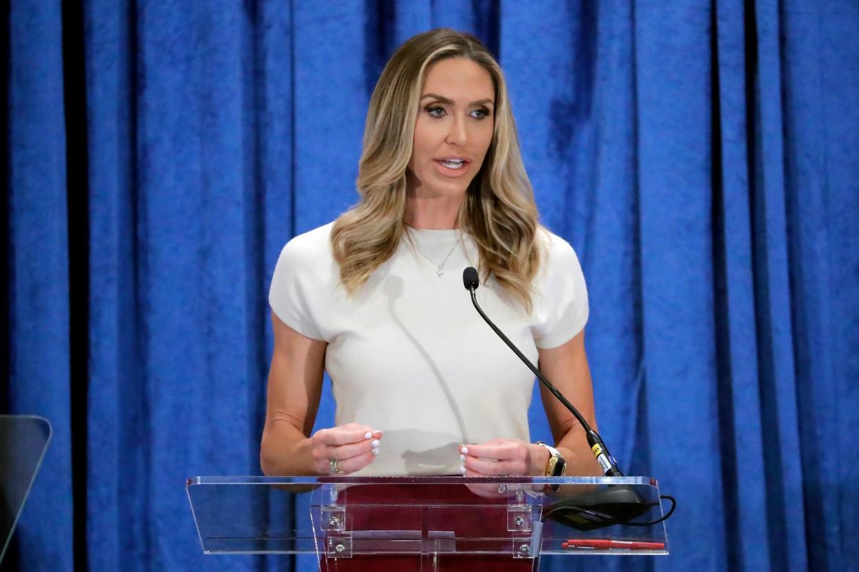 <span>RNC co-chair Lara Trump speaks at the general session of the organization’s spring meeting, on 8 March 2024.</span><span>Photograph: Michael Wyke/AP</span>