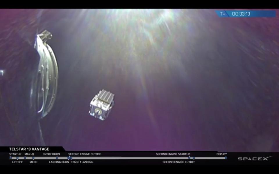 The Telstar 19V satellite deploys into orbit from the second stage of a SpaceX Falcon 9 rocket on July 22, 2018. <cite>SpaceX</cite>