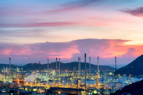 Oil refinery at sunset.