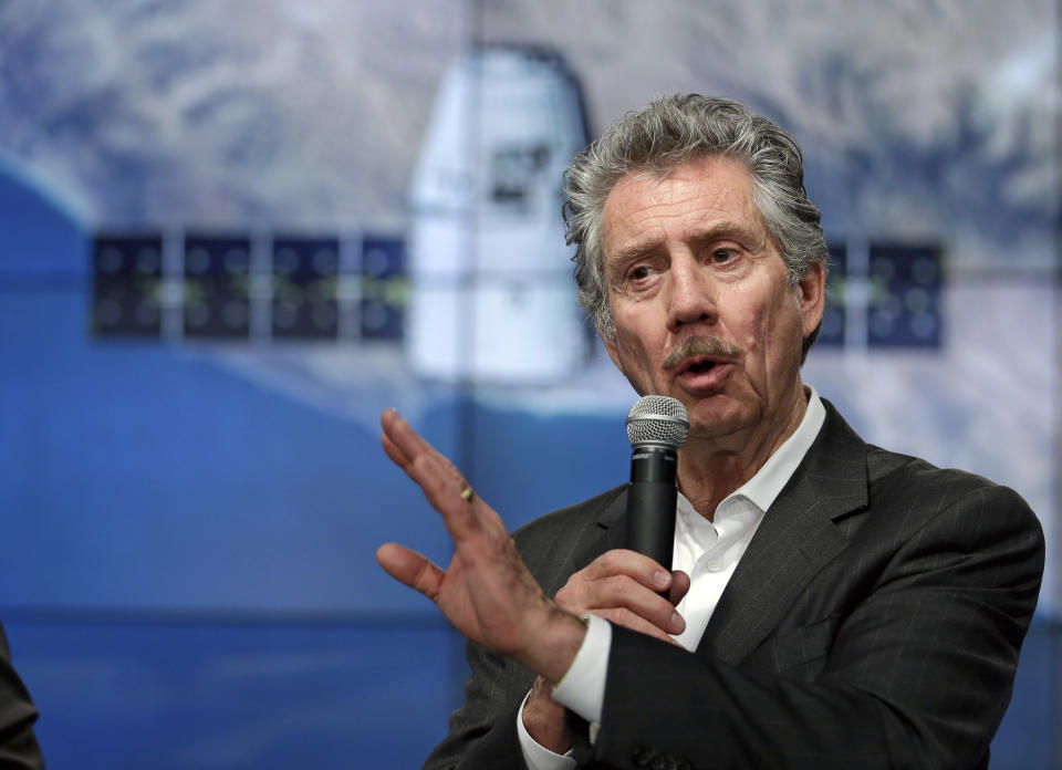 FILE - Robert Bigelow, founder and president of Bigelow Aerospace, speaks at a news conference at the Kennedy Space Center in Cape Canaveral, Fla., on April 7, 2016. Las Vegas-based hotel magnate and longtime UFO researcher Bigelow has donated, through his owned companies, a total of $5.7 million to Nevada GOP gubernatorial nominee Joe Lombardo's campaign or PACs supporting his campaign this election cycle. (AP Photo/John Raoux, File)