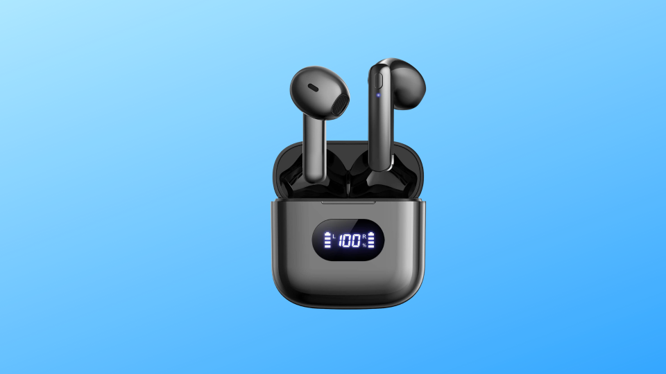 black earbuds against a blue background