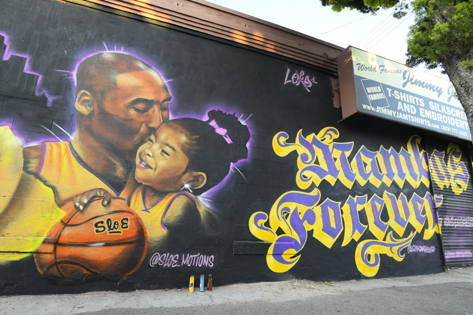 A mural honoring Kobe Bryant and his daughter Gianna in downtown Los Angeles, CA. (Photo by Brian Rothmuller/Icon Sportswire via Getty Images)