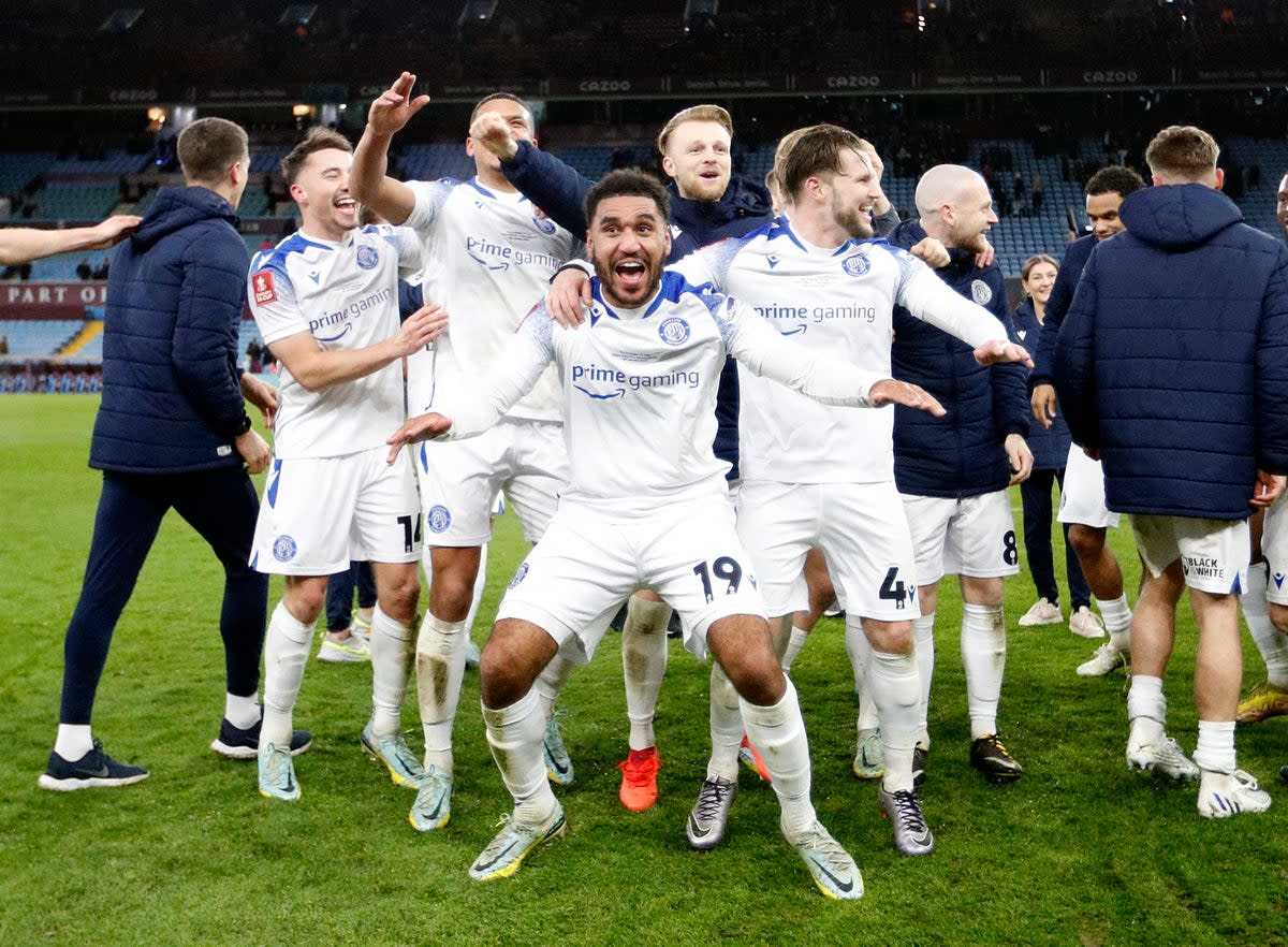 Stevenage celebrate after pulling off unlikely win  (Action Images/Reuters)