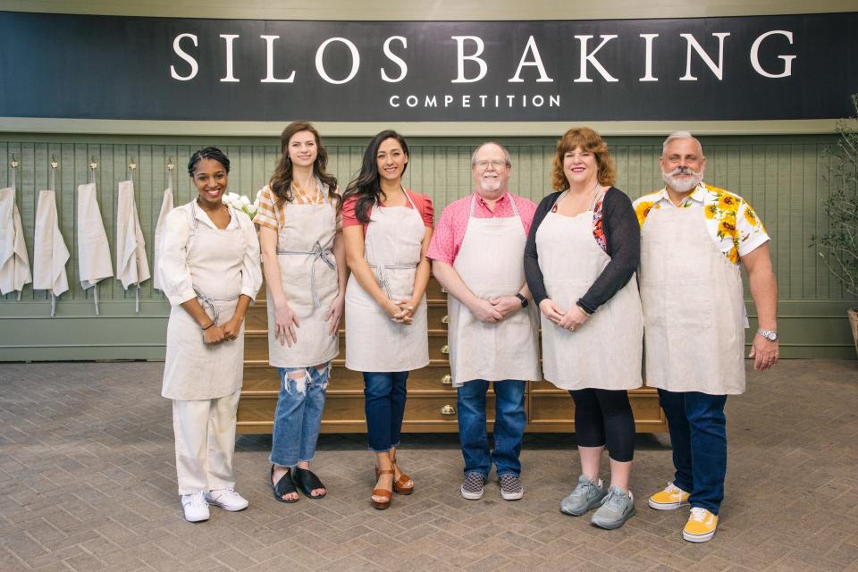 Annie Paul, of Zeeland, poses with five other contestants during the first-ever Silos Baking Competition in Waco, Texas.