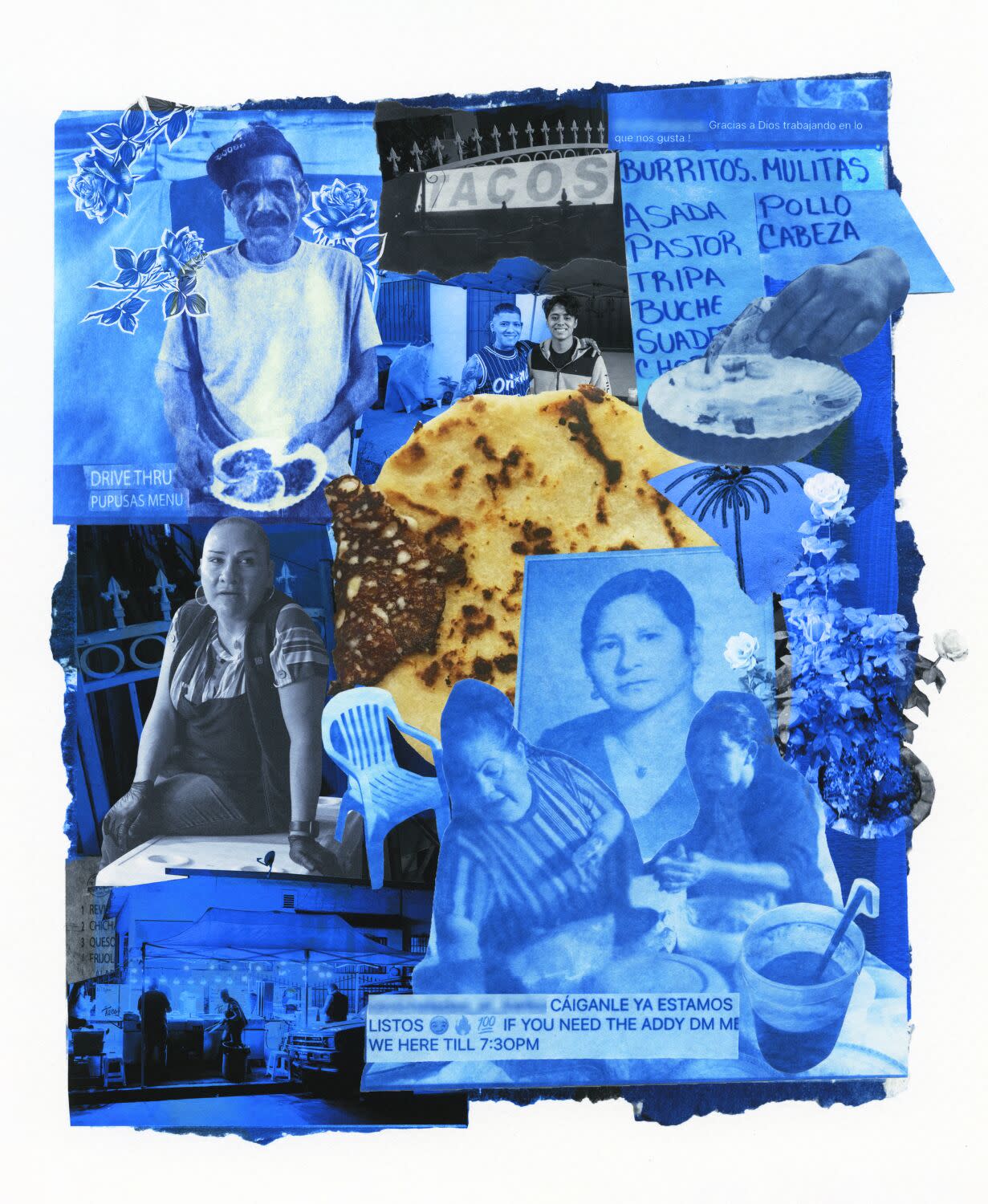 cyanotype prints and digital photography collage depicting food being sold from people's homes