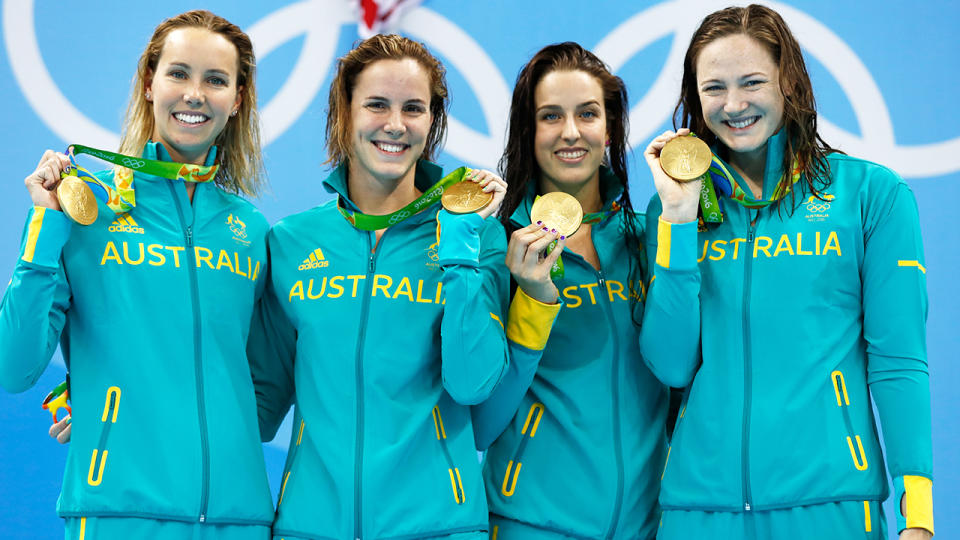 Emma McKeon, Bronte Campbell, Brittany Elmslie, and Cate Campbell, pictured here at the Rio 2016 Olympics. 