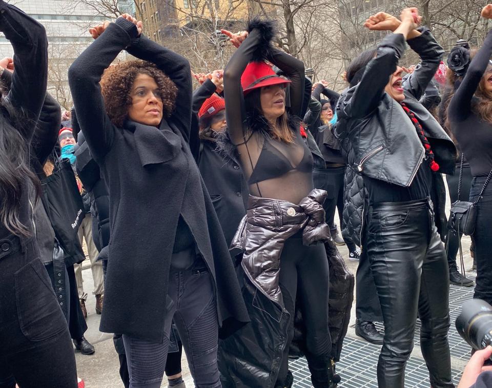 A group of women activists perform the Chilean anti-rape anthem "A Rapist In Our Path" outside of the courthouse where Harvey Weinstein's trial is ongoing. (Photo: Emma Gray for HuffPost)