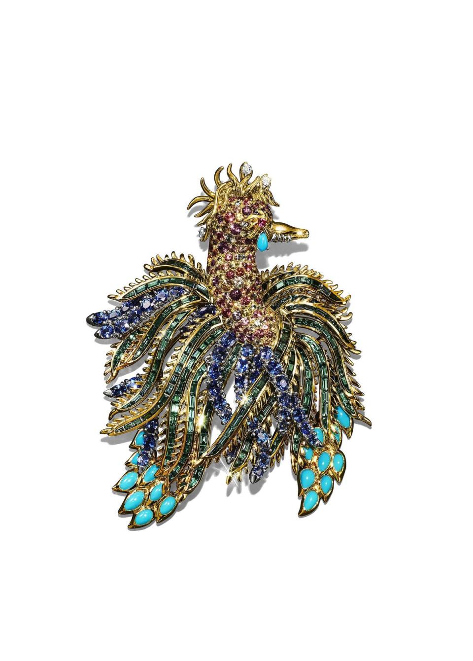 Schlumberger鳳凰造型鉑金與18K金鑲嵌藍碧璽、綠碧璽、綠松石、多彩藍寶石及鑽石胸針。（Tiffany & Co.提供）