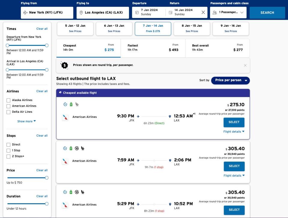 Screenshot of flight search results screen on the Citi Travel Portal.