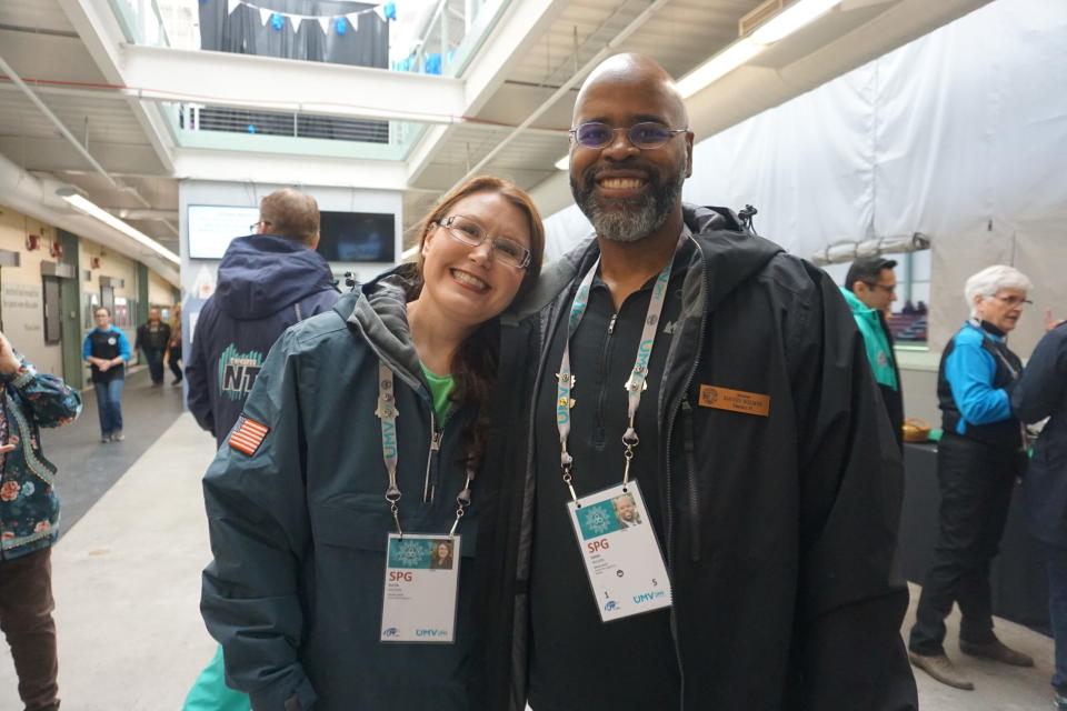 Rep. David Wilson, R-Wasilla, and his wife Alita pose at the Curtis D. Menard Memorial Sports Center before the strat of the March 9, 2024, opening ceremonies at the 2004 Arctic WInter Games. (Photo by Yereth Rosen/Alaska Beacon)