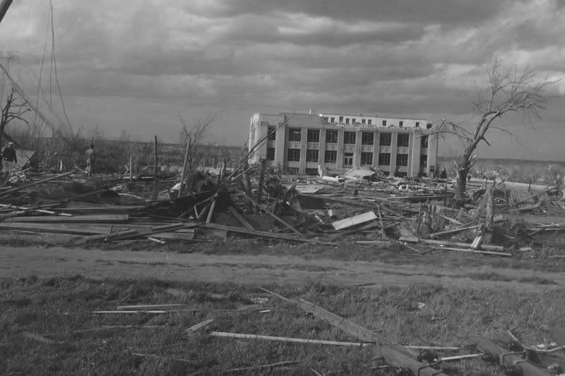 Damage is seen around the Woodward County Courthouse in Oklahoma after a tornado roared through April 9, 1947. File Photo courtesy of the National Weather Service