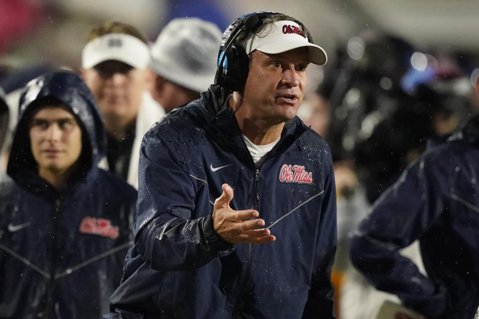 Mississippi head coach Lane Kiffin appeals to officials for a favorable ruling during their NCAA college football game against Mississippi State in Oxford, Miss., Thursday, Nov. 24, 2022. Mississippi State won 24-22. (AP Photo/Rogelio V. Solis)