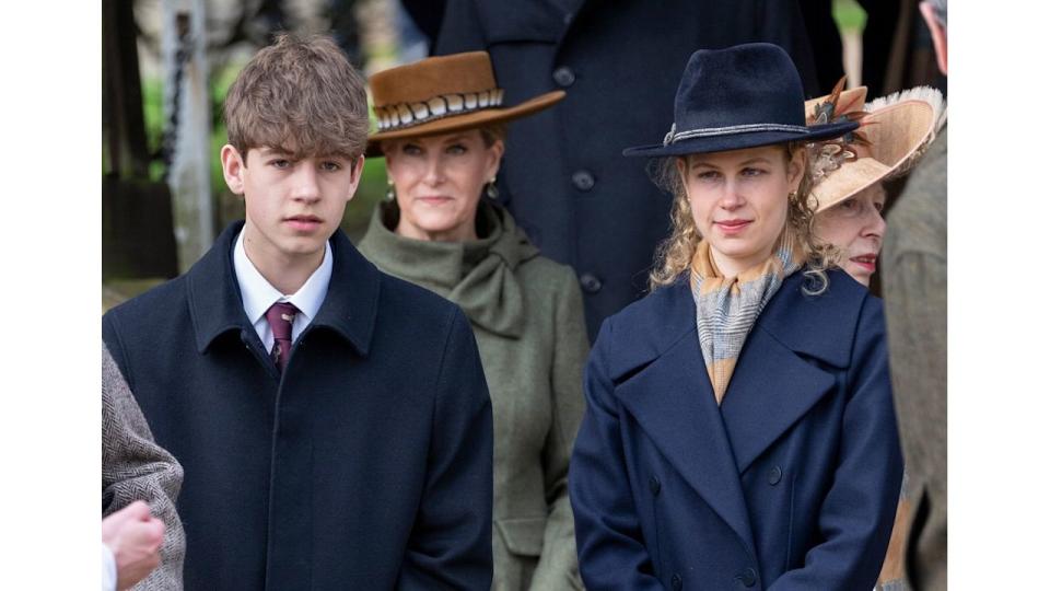 James, Earl of Wessex standing with Lady Louise Windsor; behind them are the Duchess of Edinburgh and Princess Anne