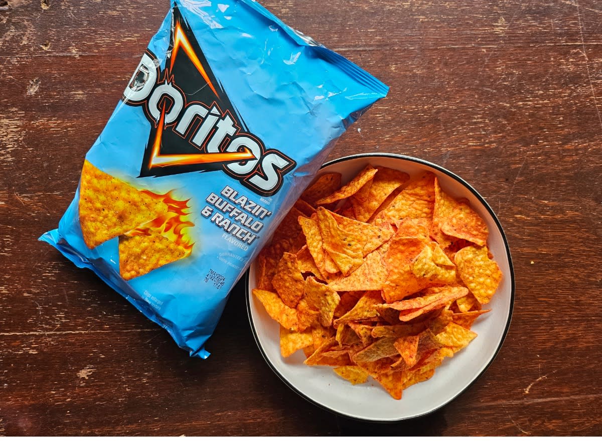 doritos blazin buffalo ranch in a bag and bowl.