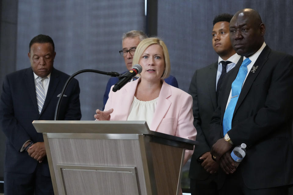 Attorney Margaret P. Battersby Black, center, speaks at a news conference, in Chicago, Monday, July 24, 2023. The hazing scandal at Northwestern has widened to include a volleyball player who on Monday became the first female athlete to sue the university over allegations she was retaliated against for reporting mistreatment and a new lawsuit by former Northwestern quarterback Lloyd Yates. (AP Photo/Nam Y. Huh)