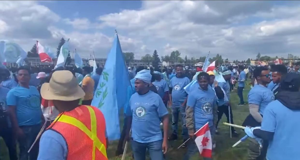 Hundreds protested an Eritrean festival they characterized as connected to the east African nation's government. (Submitted by Afewerki Mogos - image credit)
