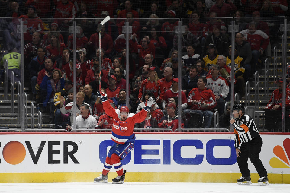 Washington Capitals left wing Jakub Vrana (13) celebrates his goal during the first period of an NHL hockey game against the Pittsburgh Penguins, Sunday, Feb. 23, 2020, in Washington. (AP Photo/Nick Wass)