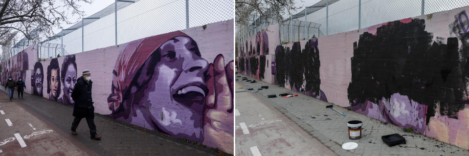 This combo of photos shows people walking past a mural celebrating accomplished women in politics, arts, and science in Madrid on Jan. 26, 2021, left, and the same mural vandalized during international women's day on Monday, March 8, 2021, right. (AP Photo/Bernat Armangue)