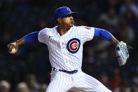 Chicago Cubs starter Marcus Stroman delivers a pitch during the first inning of the team's baseball game against the Philadelphia Phillies on Tuesday, Sept. 27, 2022, in Chicago. (AP Photo/Paul Beaty)