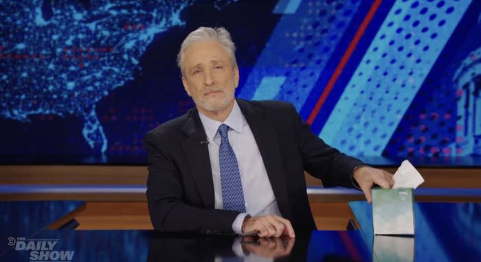 Closeup of Jon Stewart on "The Daily Show"