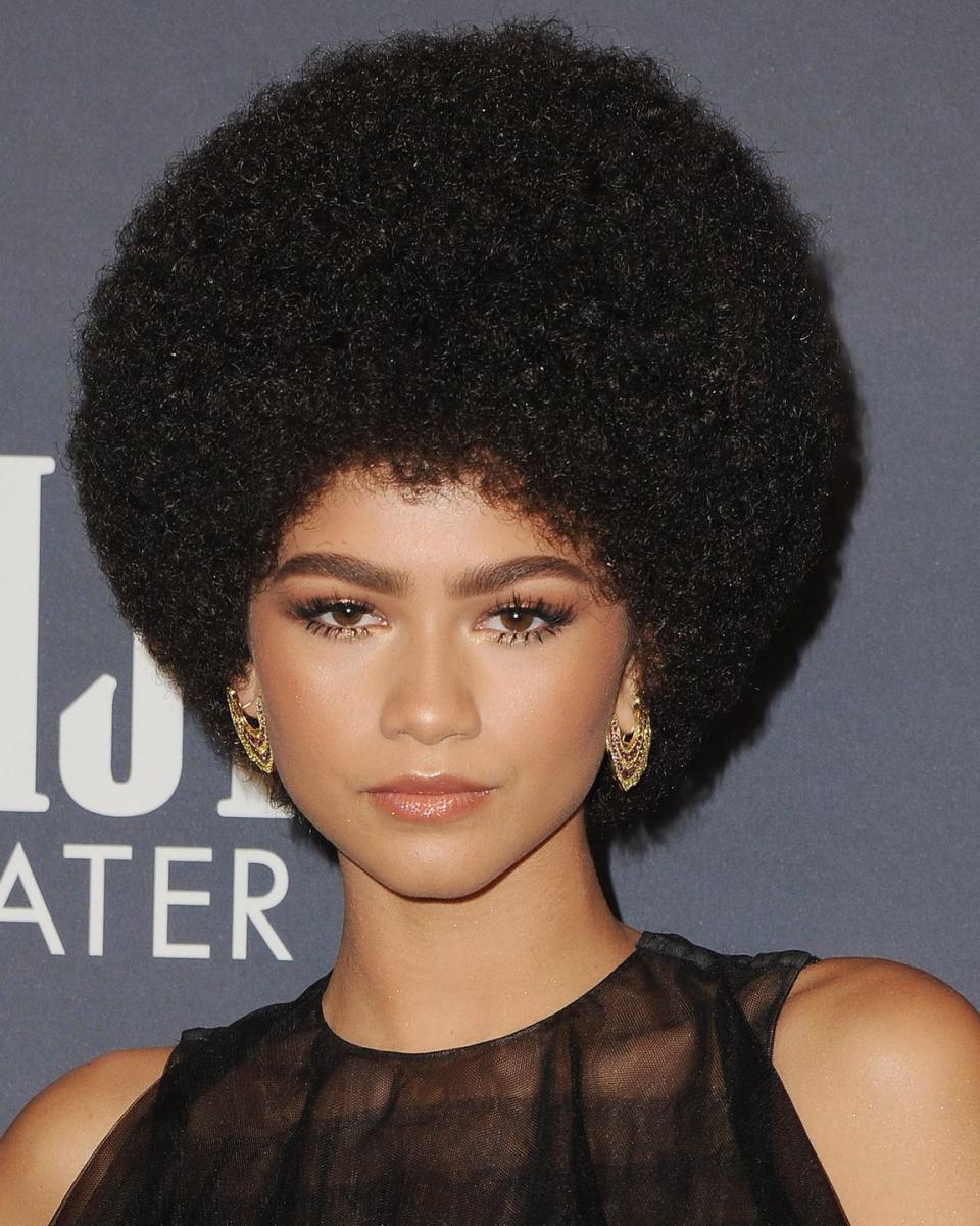 <p>Holy moly this is how you work a sculpted afro and look epic. With a sartorial nod to Us activist Angela Davies, Zendaya opted for a neatly rounded afro to attend InStyle's 2017 awards.</p>