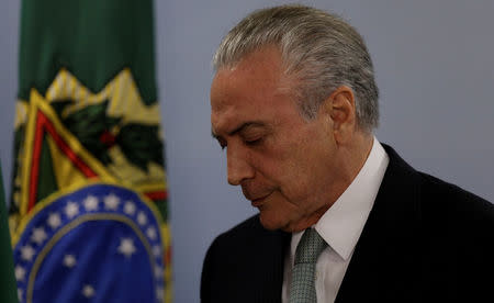 Brazil's President Michel Temer reacts as he speaks at the Planalto Palace in Brasilia, Brazil, May 18, 2017. REUTERS/Ueslei Marcelino