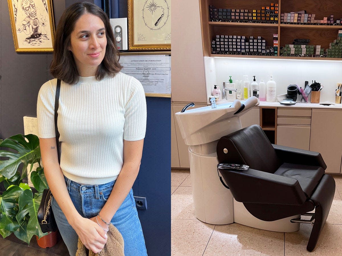 Jordi Lippe-McGraw smiling at salon (left); salon chair (right)