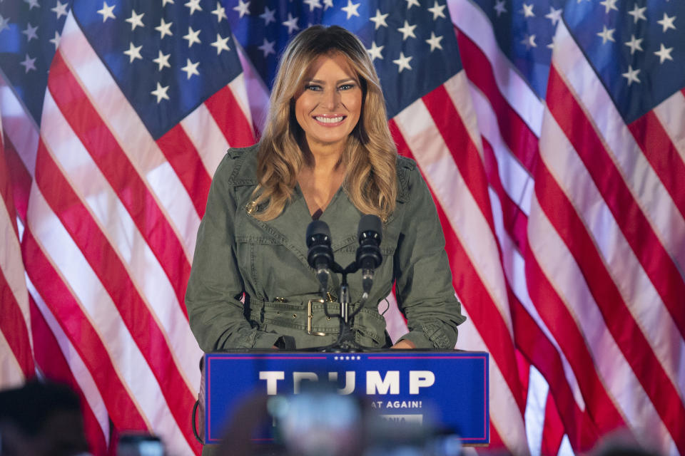 First lady Melania Trump speaks during a campaign rally on Tuesday, Oct. 27, 2020, in Atglen, Pa. (AP Photo/Laurence Kesterson)