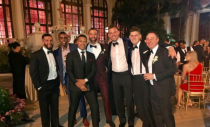 <p>Jose Bautista shared his special night with teammates like Devon Travis and Marcus Stroman and former teammates like Danny Valencia. (Twitter – @remolachanews) </p>