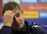 Serbian national soccer team coach Dragan Stojkovic listens to a question during a press conference after announcing the squad for the Qatar 2022 World Cup, at Sports Center of FA of Serbia in Stara Pazova, near Belgrade, Serbia, Monday, Nov. 14, 2022. (AP Photo/Darko Vojinovic)