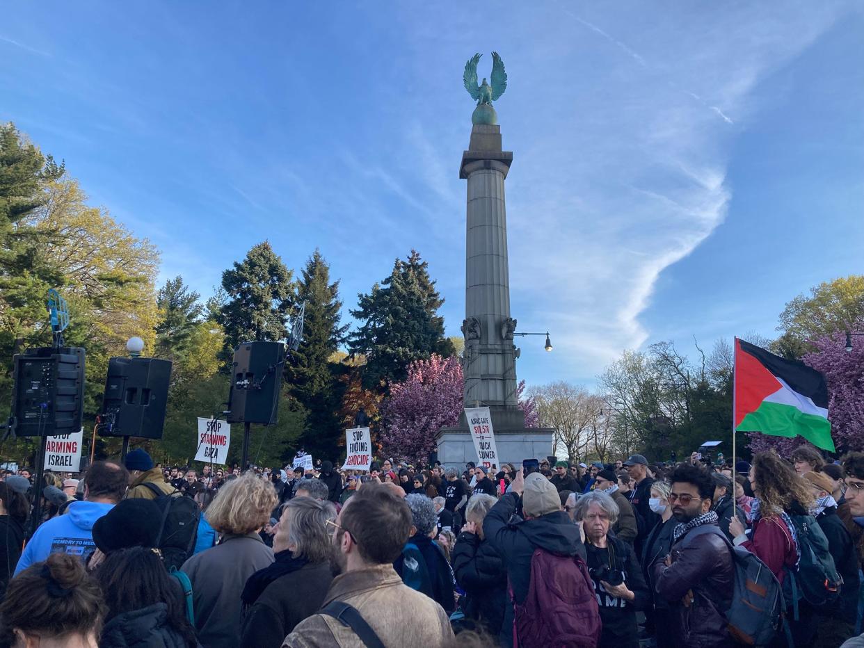 A protest organized by Jewish Voice for Peace at Grand Army Plaza in Brooklyn is held on April 23, 2024, near U.S. Senate Majority Leader Charles Schumer's home. Organizers are protesting the Senate considering $14 billion in aid to Israel.