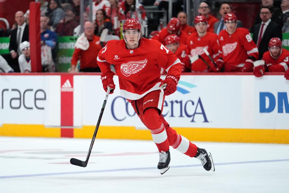 Detroit Red Wings defenseman Simon Edvinsson (77) plays against the New York Islanders in the second period at Little Caesars Arena on Thursday, March 21, 2024, in Detroit, Michigan.