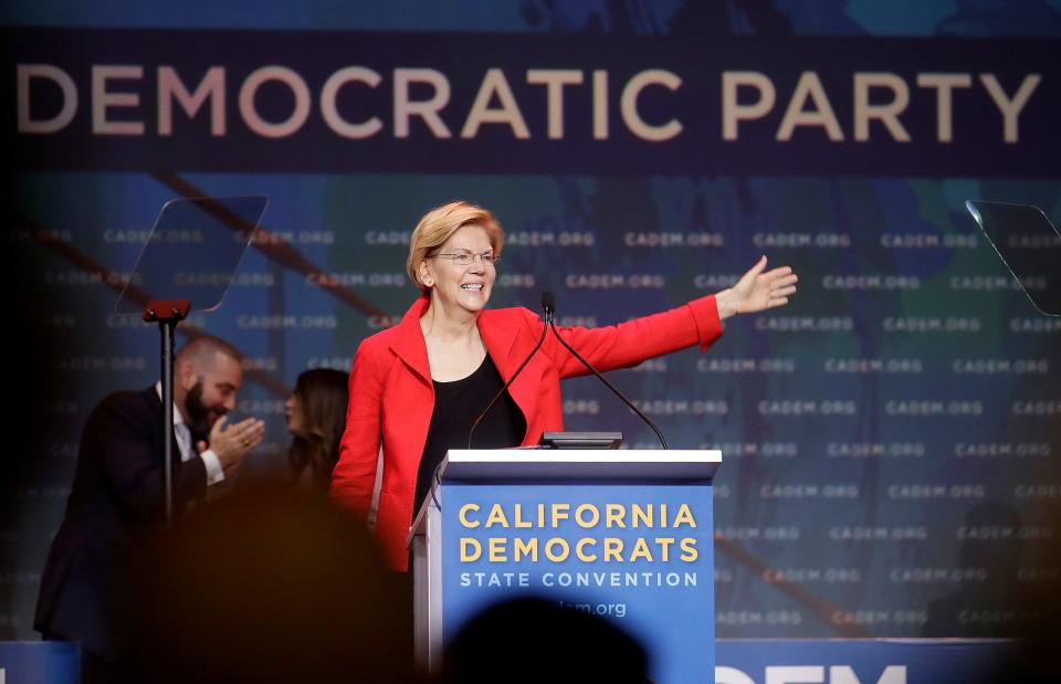 Democratic presidential candidate Sen. Elizabeth Warren, D-Mass., waves before speaking during the 2019 California Democratic Party State Organizing Convention in San Francisco, Saturday, June 1, 2019.