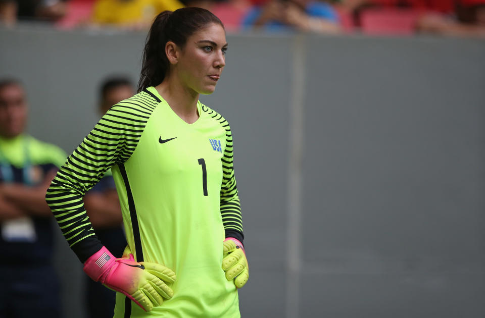 Hope Solo, widely considered the greatest goalkeeper in women's soccer history, was snubbed by National Soccer Hall of Fame voters in her first year of eligibility. (Steve Bardens/Getty Images)