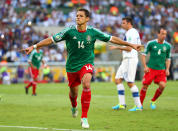 RIO DE JANEIRO, BRAZIL - JUNE 16: Javier Hernandez of Mexico celebrates scoring his team's first goal from a penalty kick to make the score 1-1 during the FIFA Confederations Cup Brazil 2013 Group A match between Mexico and Italy at the Maracana Stadium on June 16, 2013 in Rio de Janeiro, Brazil. (Photo by Ronald Martinez/Getty Images)
