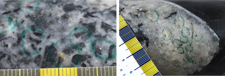 Figure 1: Photos of mineralization, Left: at ~16.5m in NFGC-23-1741, Right: at ~34.2m in NFGC-23-1708
^Note that these photos are not intended to be representative of gold mineralization in NFGC-23-1708 and NFGC-23-1741. (Photo: Business Wire)