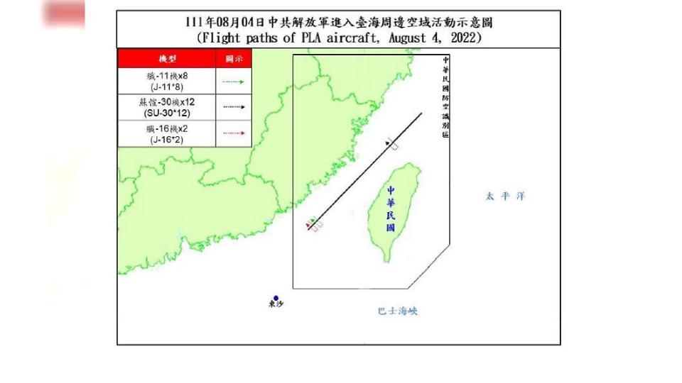 解放軍今日除了發射11枚東風島到外又派遣22架共機擾台。（圖／國防部提供）