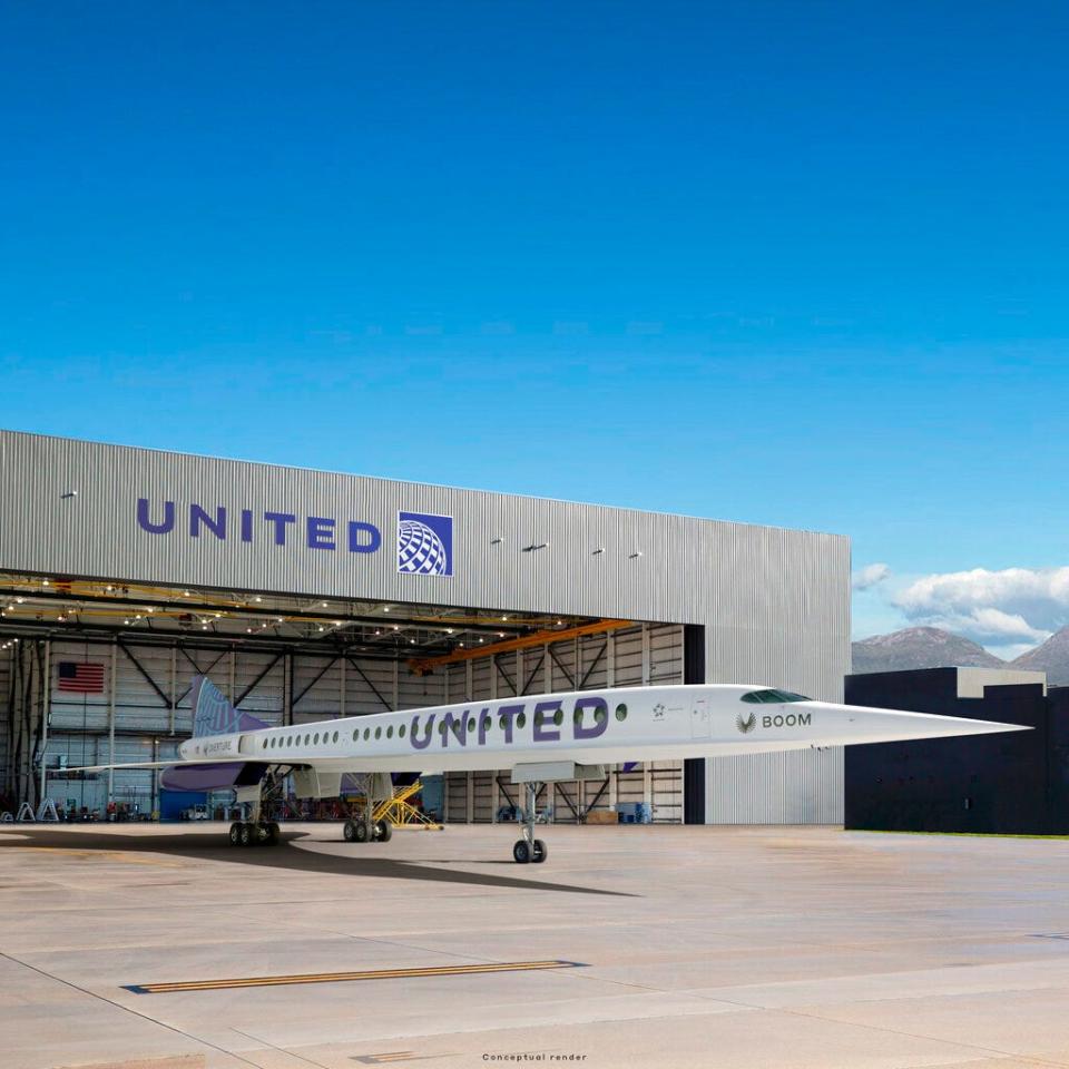 This photo provided by Boom Supersonic shows an artist's rendition of United Airlines Boom Supersonic Overture jet. The Colorado-based company wants to build a plant for next-generation supersonic passenger jets in the Triad.