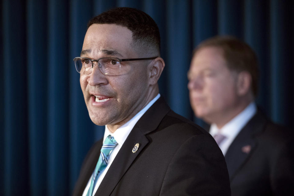 Ray Donovan, Special Agent in Charge of the New York Field Division of the Drug Enforcement Administration speaks during a news conference announcing charges against Rochester Drug Co-Operative Laurence Doud III, Tuesday, April 23, 2019, in New York. Prosecutors allege Doud ignored red flags to turn his drug distributor into a supplier of last resort as the opioid crisis raged. (AP Photo/Mary Altaffer)