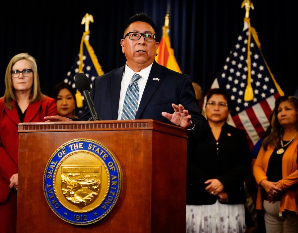 Hopi Tribe Chairman Tim Nuvangyaoma reacts to actions Arizona is taking to stop fraud against the Medicaid system and exploitation of AHCCCS members during a news conference at the Arizona state Capitol in Phoenix on May 16, 2023.