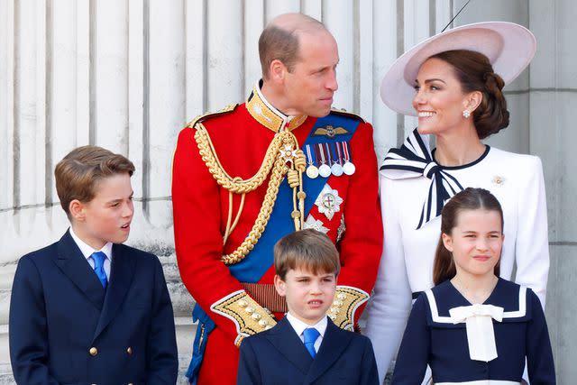 <p>Max Mumby/Indigo/Getty</p> From left: Prince George, Prince William, Prince Louis, Kate Middleton and Princess Charlotte at Trooping the Colour on June 15, 2024.