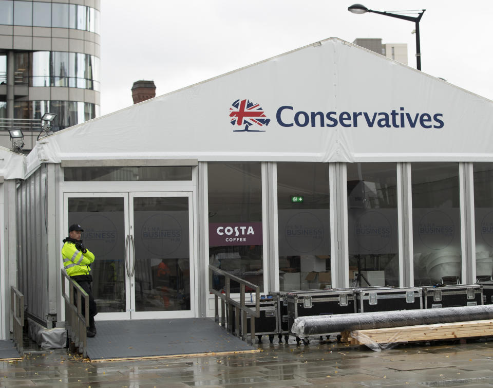 Police at preparations ahead of the Conservative Party Conference in Manchester, as the Tories have insisted it will go ahead despite the Commons voting against the Government's request for a three-day recess to coincide with the event.