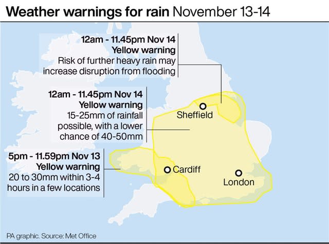 Weather warnings for rain November 13-14