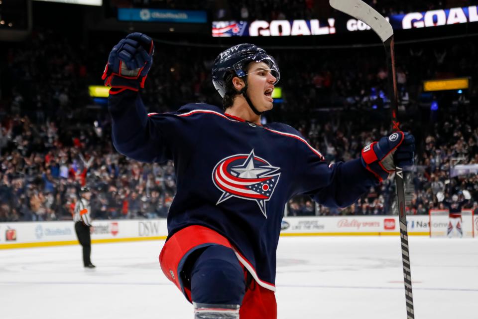 Columbus Blue Jackets center Cole Sillinger (34) celebrates after scoring a tip-in goal during the third period of the NHL game against the Colorado Avalanche at Nationwide Arena in Columbus, Ohio Nov. 6.